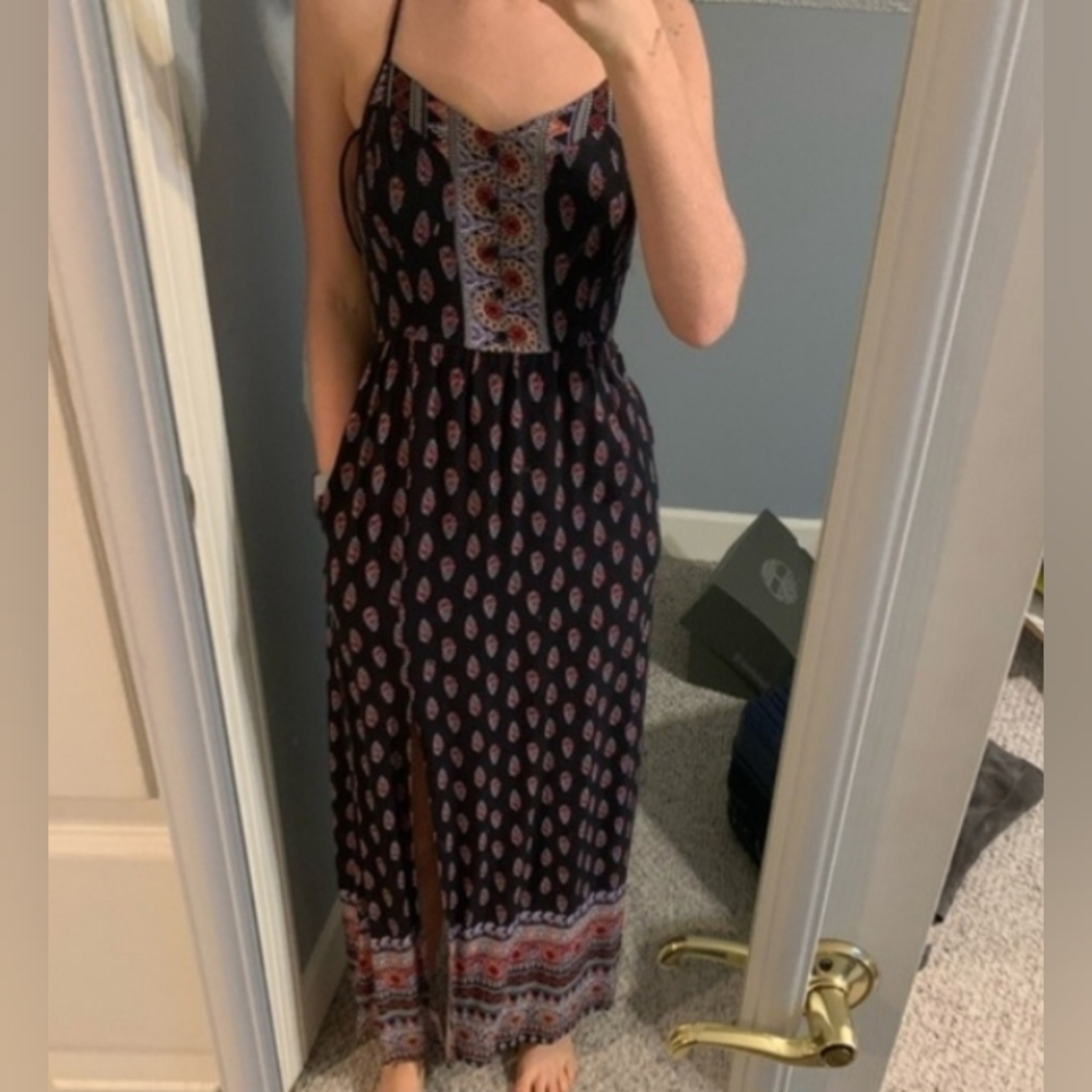 Black & Pink Paisley Floral Mix Print Racerback Maxi Dress Boho Festival Hippie